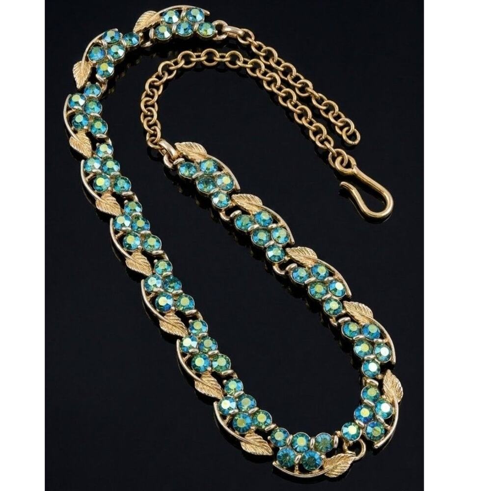 Mid-Century BSK Gold-Tone Textured Leaf Necklace with Blue-Green AB Rhinestone